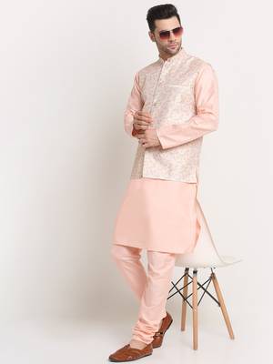 Peach Silk Blend Kurta and churidar with Thread Work sequence Yellow Nehru jacket 4
