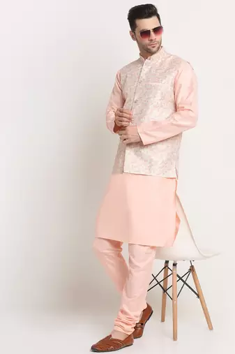 Peach Silk Blend Kurta and churidar with Thread Work sequence Yellow Nehru jacket