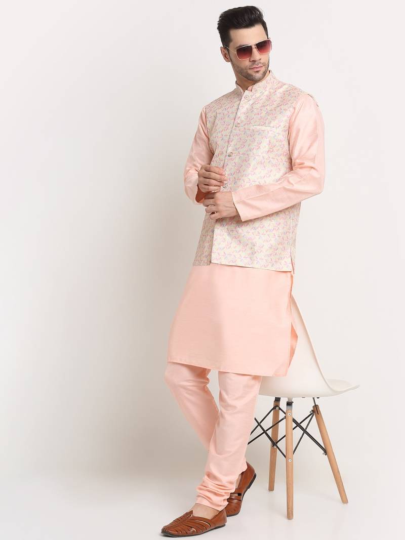 Peach Silk Blend Kurta and churidar with Thread Work sequence Yellow Nehru jacket