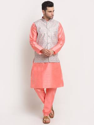 Pink Silk Blend Kurta and churidar with Thread Work sequence Green Nehru jacket 1