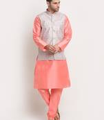 Pink Silk Blend Kurta and churidar with Thread Work sequence Green Nehru jacket
