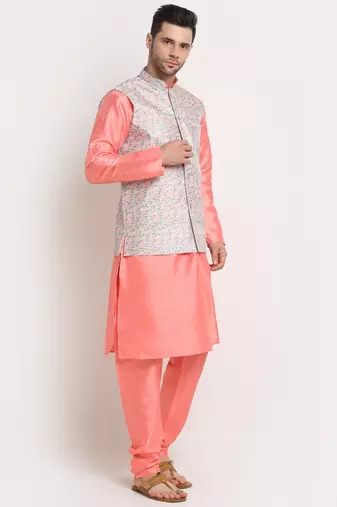 Pink Silk Blend Kurta and churidar with Thread Work sequence Green Nehru jacket