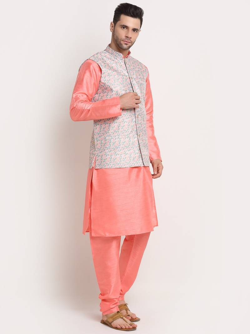 Pink Silk Blend Kurta and churidar with Thread Work sequence Green Nehru jacket