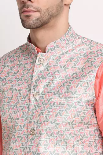 Pink Silk Blend Kurta and churidar with Thread Work sequence Green Nehru jacket