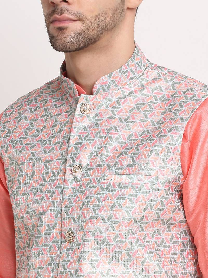 Pink Silk Blend Kurta and churidar with Thread Work sequence Green Nehru jacket