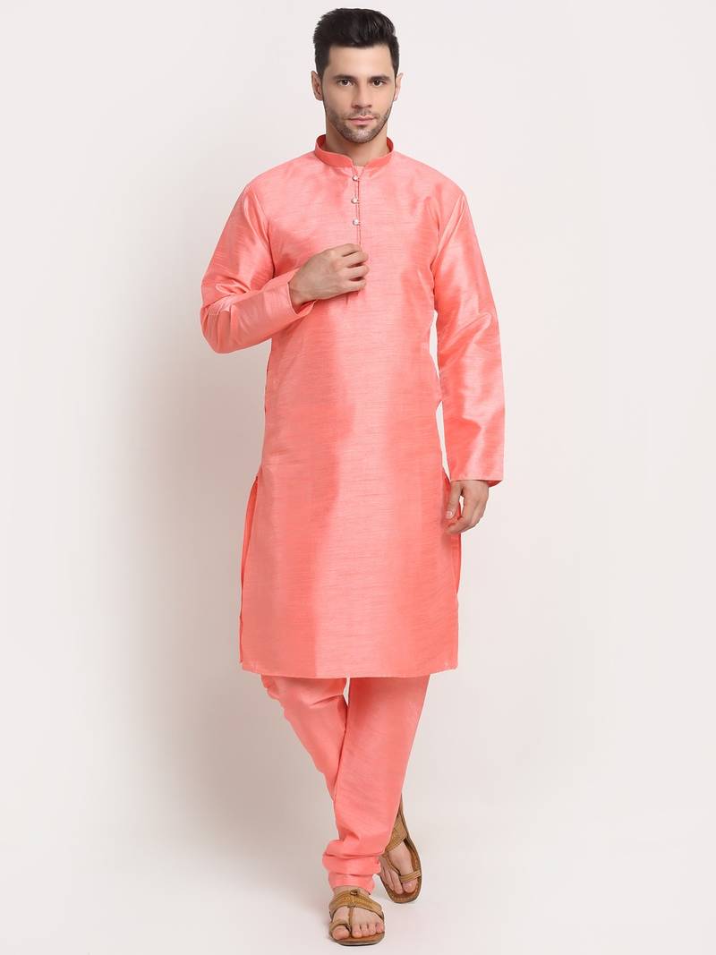 Pink Silk Blend Kurta and churidar with Thread Work sequence Green Nehru jacket