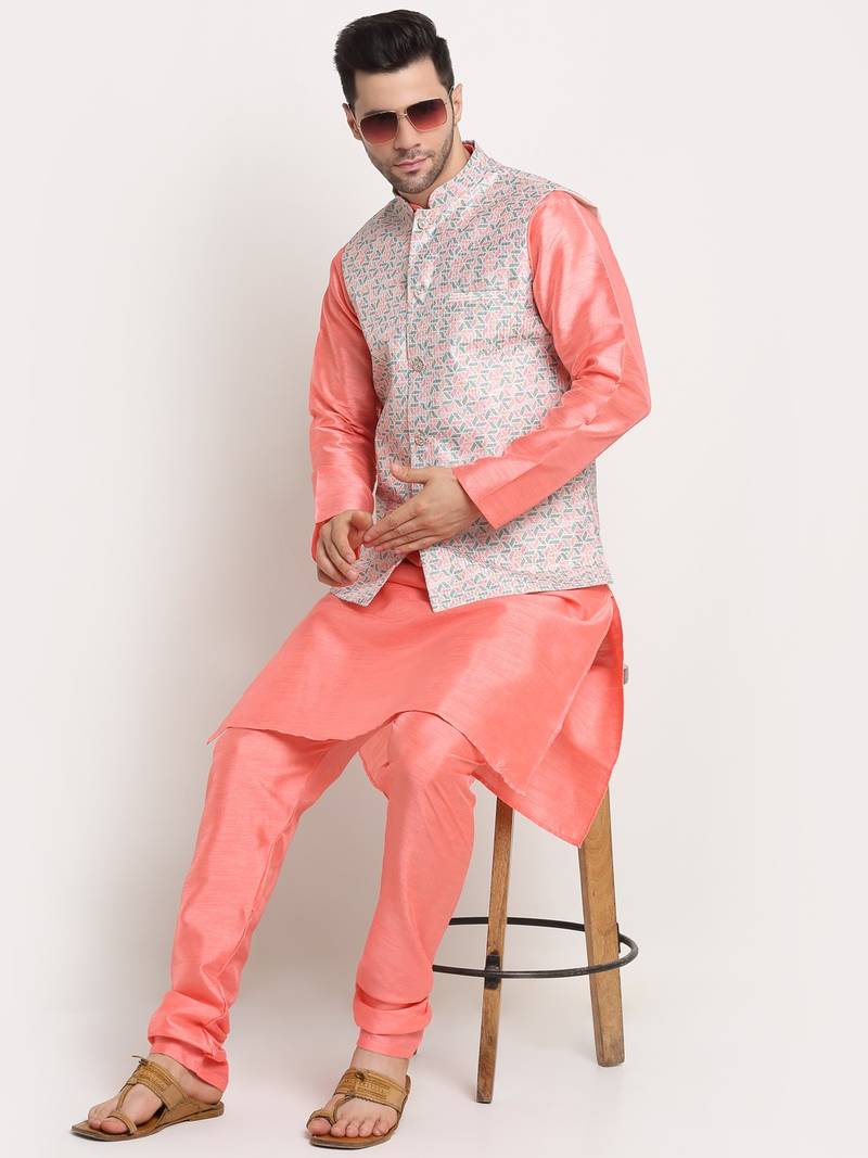 Pink Silk Blend Kurta and churidar with Thread Work sequence Green Nehru jacket