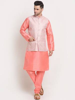 Pink Silk Blend Kurta and churidar with Thread Work sequence Pink Nehru jacket 1
