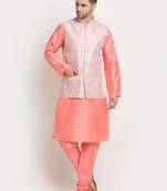 Pink Silk Blend Kurta and churidar with Thread Work sequence Pink Nehru jacket