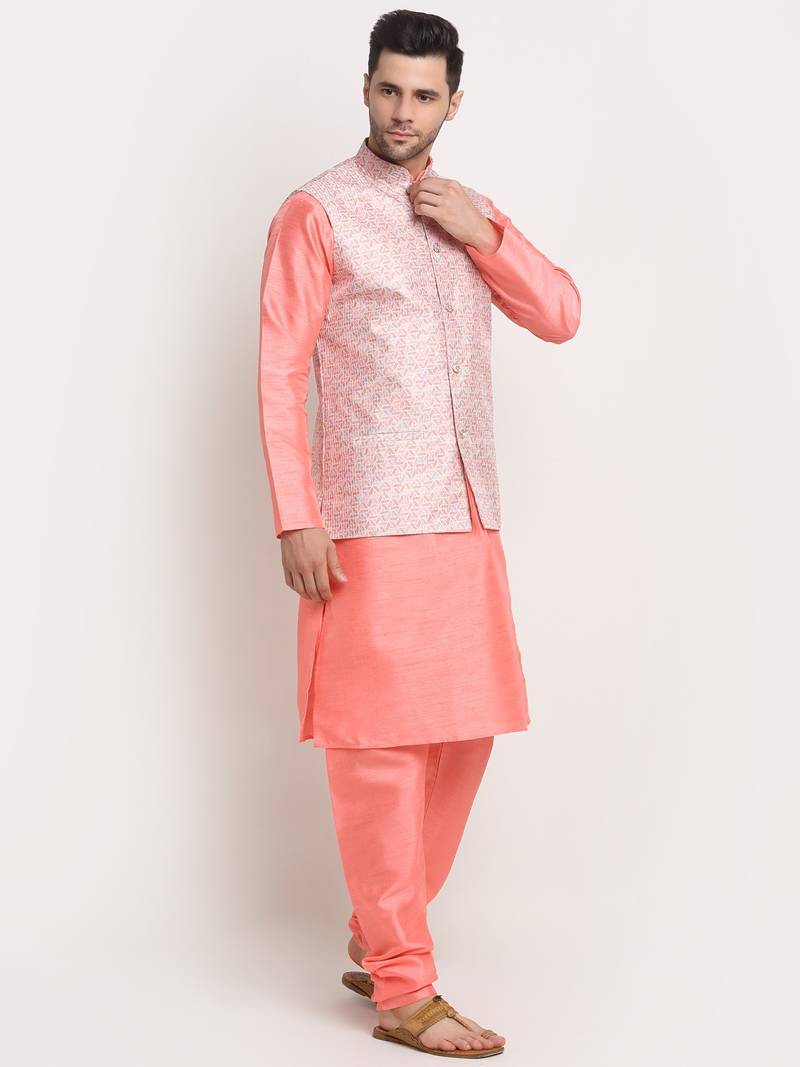 Pink Silk Blend Kurta and churidar with Thread Work sequence Pink Nehru jacket