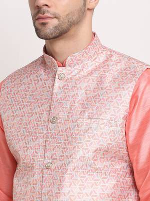 Pink Silk Blend Kurta and churidar with Thread Work sequence Pink Nehru jacket 3