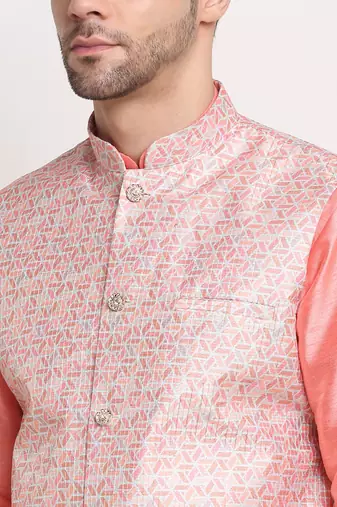 Pink Silk Blend Kurta and churidar with Thread Work sequence Pink Nehru jacket