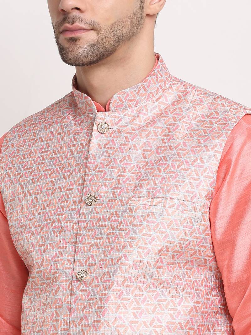 Pink Silk Blend Kurta and churidar with Thread Work sequence Pink Nehru jacket