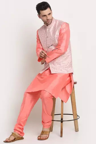 Pink Silk Blend Kurta and churidar with Thread Work sequence Pink Nehru jacket