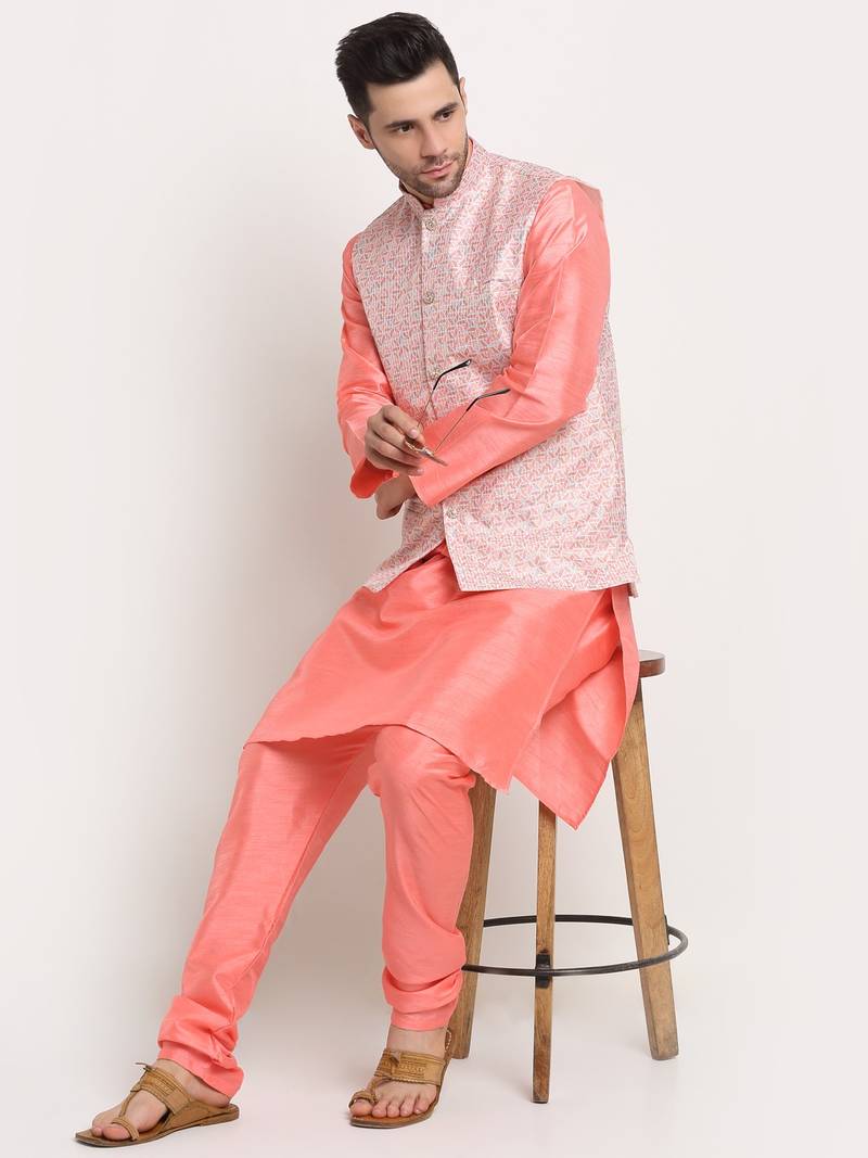 Pink Silk Blend Kurta and churidar with Thread Work sequence Pink Nehru jacket