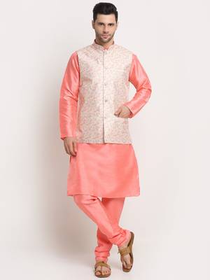 Pink Silk Blend Kurta and churidar with Thread Work sequence Yellow Nehru jacket 1