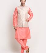Pink Silk Blend Kurta and churidar with Thread Work sequence Yellow Nehru jacket