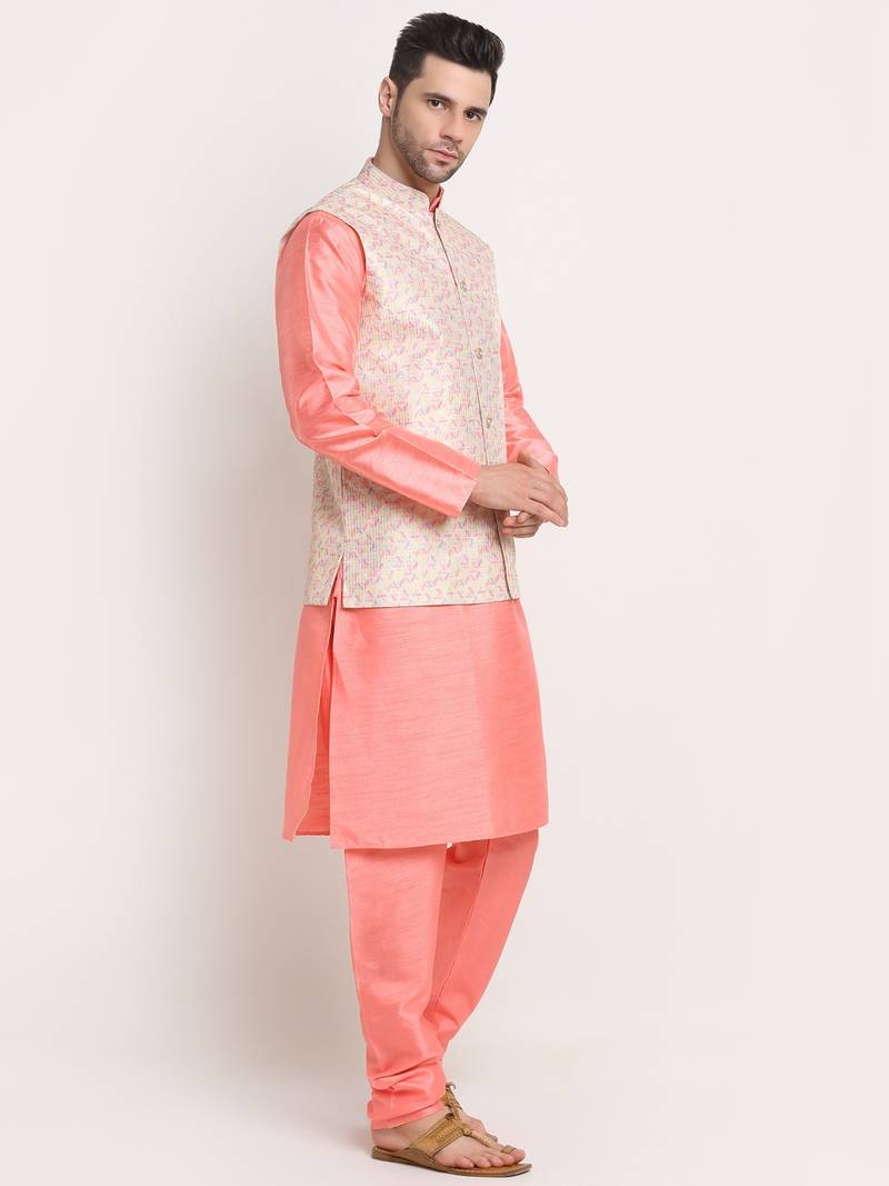 Pink Silk Blend Kurta and churidar with Thread Work sequence Yellow Nehru jacket
