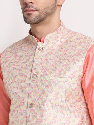 Pink Silk Blend Kurta and churidar with Thread Work sequence Yellow Nehru jacket 3