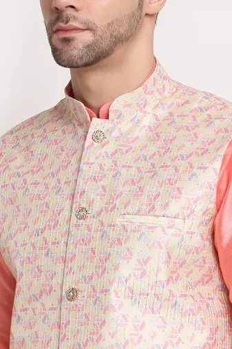 Pink Silk Blend Kurta and churidar with Thread Work sequence Yellow Nehru jacket