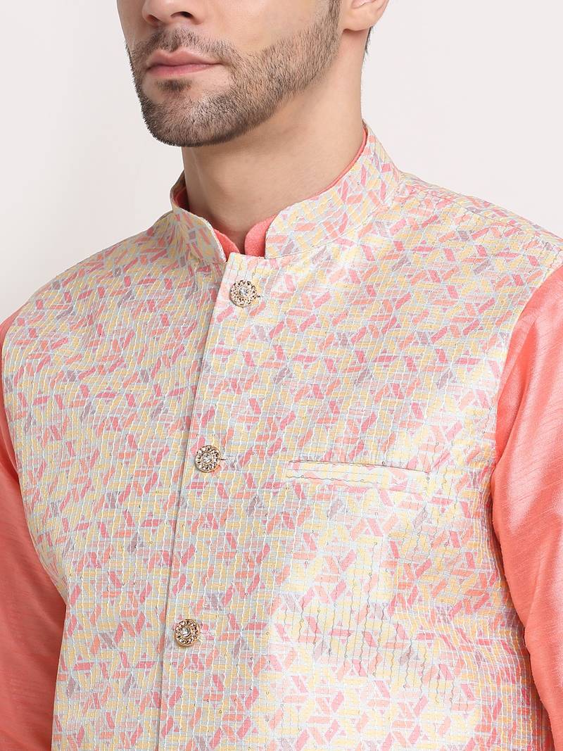 Pink Silk Blend Kurta and churidar with Thread Work sequence Yellow Nehru jacket