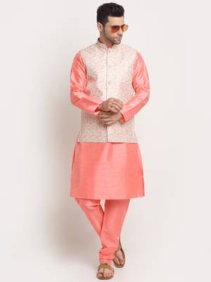 Pink Silk Blend Kurta and churidar with Thread Work sequence Yellow Nehru jacket 4