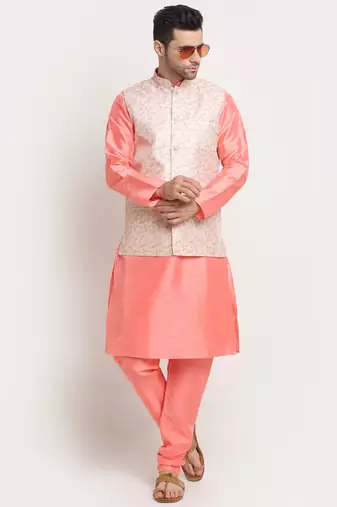 Pink Silk Blend Kurta and churidar with Thread Work sequence Yellow Nehru jacket