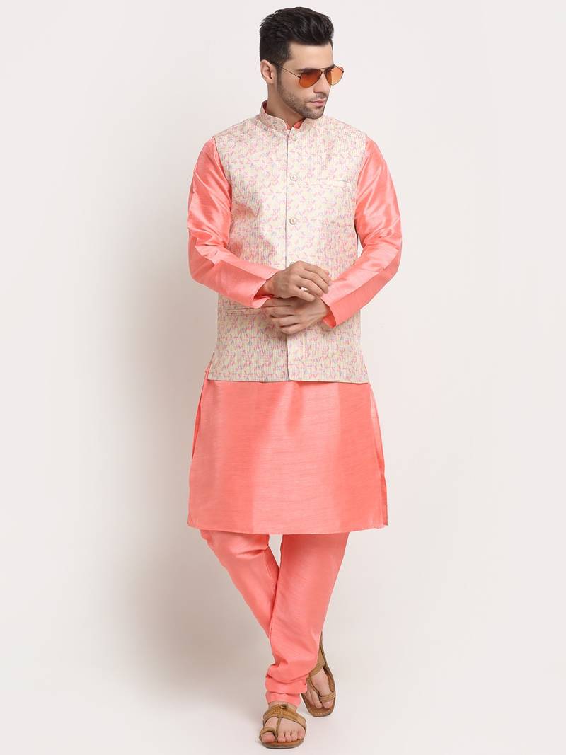 Pink Silk Blend Kurta and churidar with Thread Work sequence Yellow Nehru jacket