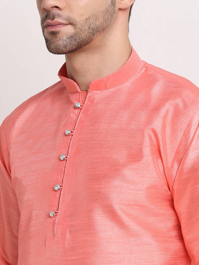 Pink Silk Blend Kurta and churidar with Thread Work sequence Yellow Nehru jacket