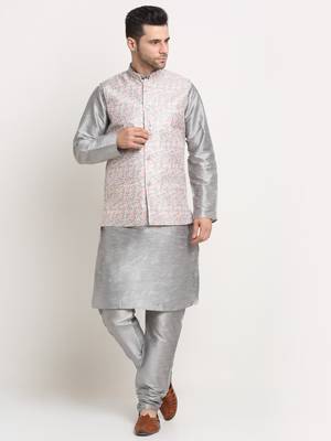 Silver Silk Blend Kurta and churidar with Thread Work sequence Green Nehru jacket 1