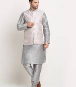 Silver Silk Blend Kurta and churidar with Thread Work sequence Green Nehru jacket