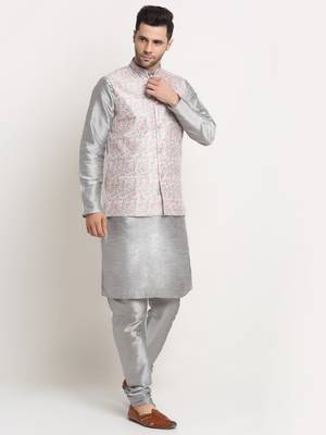 Silver Silk Blend Kurta and churidar with Thread Work sequence Green Nehru jacket 2