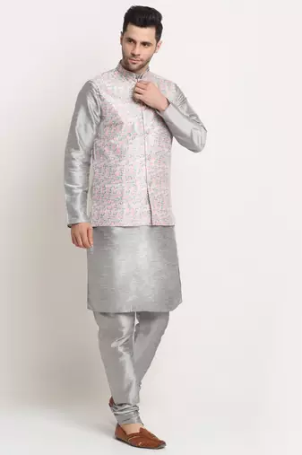 Silver Silk Blend Kurta and churidar with Thread Work sequence Green Nehru jacket