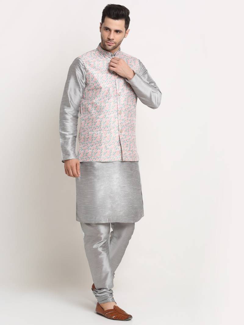 Silver Silk Blend Kurta and churidar with Thread Work sequence Green Nehru jacket