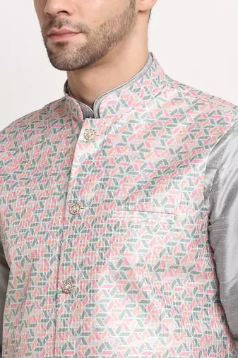 Silver Silk Blend Kurta and churidar with Thread Work sequence Green Nehru jacket