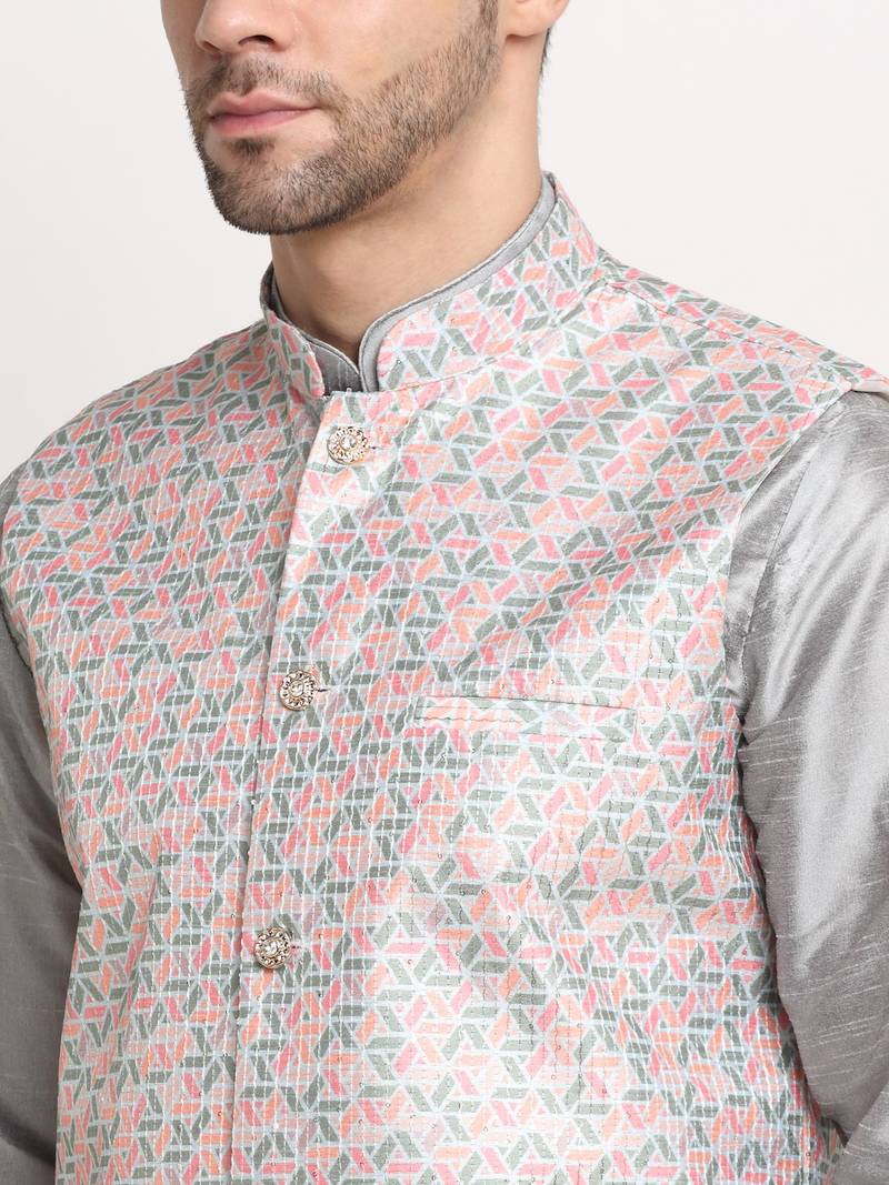 Silver Silk Blend Kurta and churidar with Thread Work sequence Green Nehru jacket