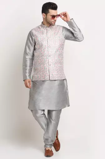 Silver Silk Blend Kurta and churidar with Thread Work sequence Green Nehru jacket