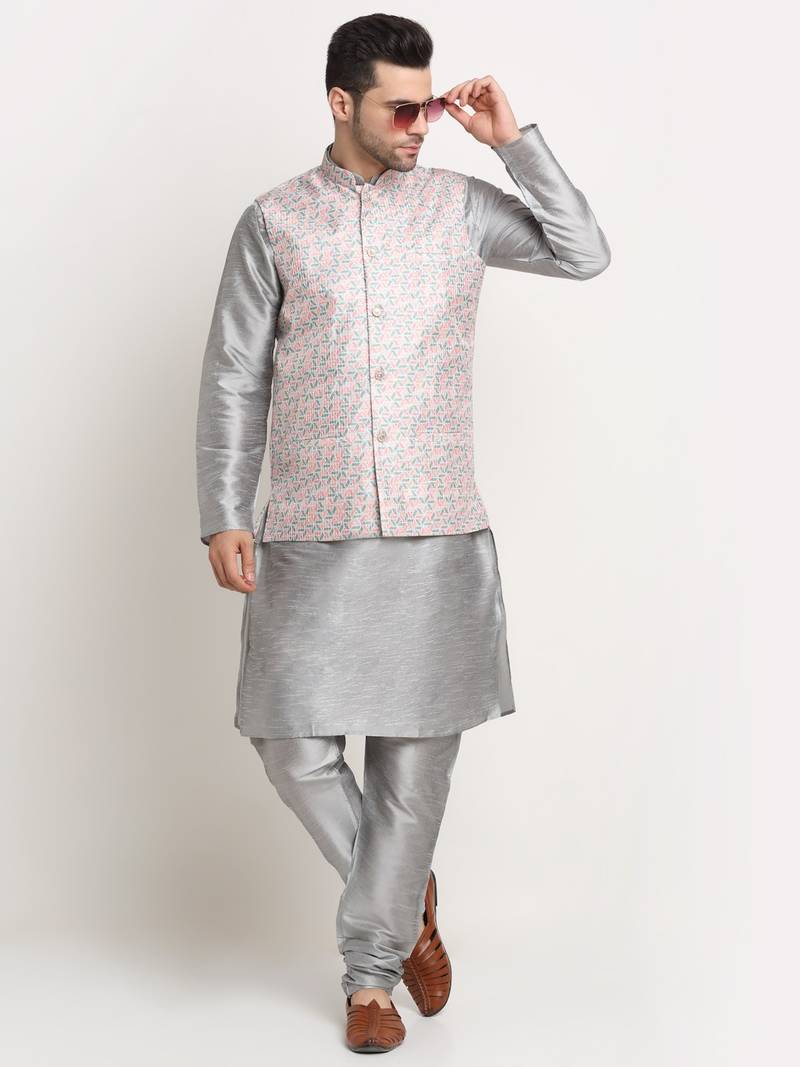 Silver Silk Blend Kurta and churidar with Thread Work sequence Green Nehru jacket