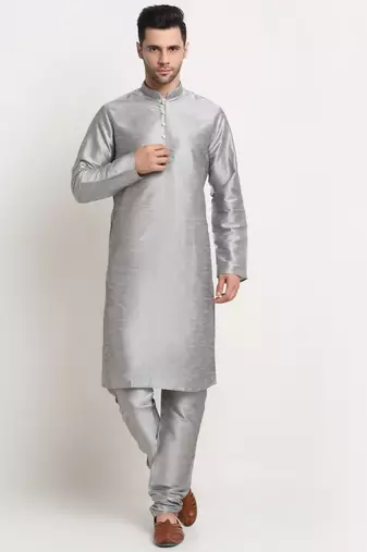 Silver Silk Blend Kurta and churidar with Thread Work sequence Green Nehru jacket