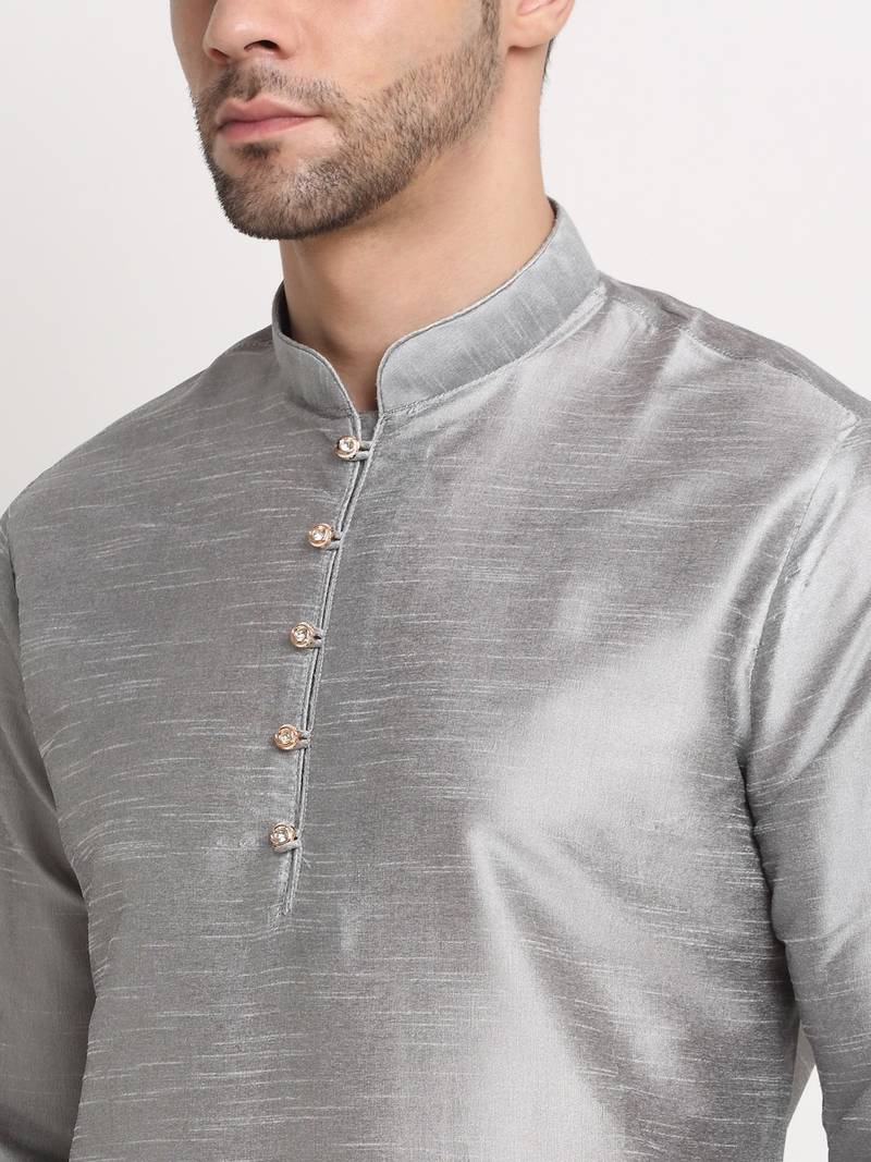 Silver Silk Blend Kurta and churidar with Thread Work sequence Green Nehru jacket