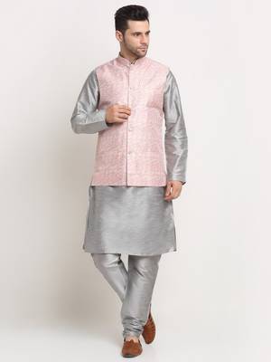 Silver Silk Blend Kurta and churidar with Thread Work sequence Pink Nehru jacket 1