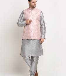 Silver Silk Blend Kurta and churidar with Thread Work sequence Pink Nehru jacket