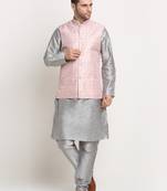 Silver Silk Blend Kurta and churidar with Thread Work sequence Pink Nehru jacket