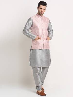 Silver Silk Blend Kurta and churidar with Thread Work sequence Pink Nehru jacket 2