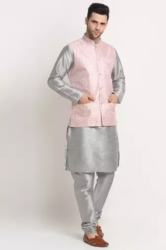 Silver Silk Blend Kurta and churidar with Thread Work sequence Pink Nehru jacket
