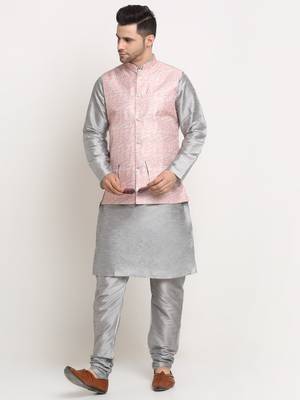 Silver Silk Blend Kurta and churidar with Thread Work sequence Pink Nehru jacket 4