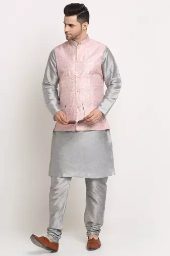 Silver Silk Blend Kurta and churidar with Thread Work sequence Pink Nehru jacket
