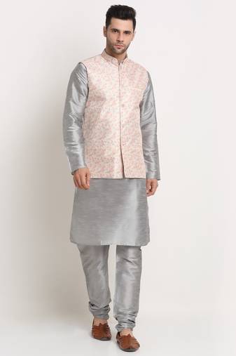 Silver Silk Blend Kurta and churidar with Thread Work sequence Yellow Nehru jacket