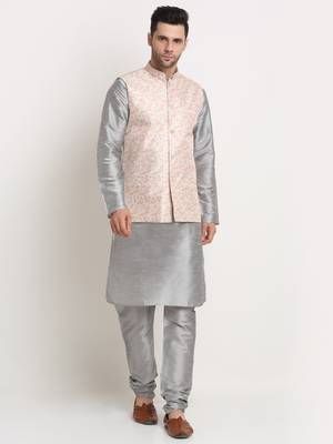 Silver Silk Blend Kurta and churidar with Thread Work sequence Yellow Nehru jacket 1