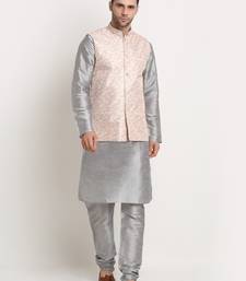 Silver Silk Blend Kurta and churidar with Thread Work sequence Yellow Nehru jacket